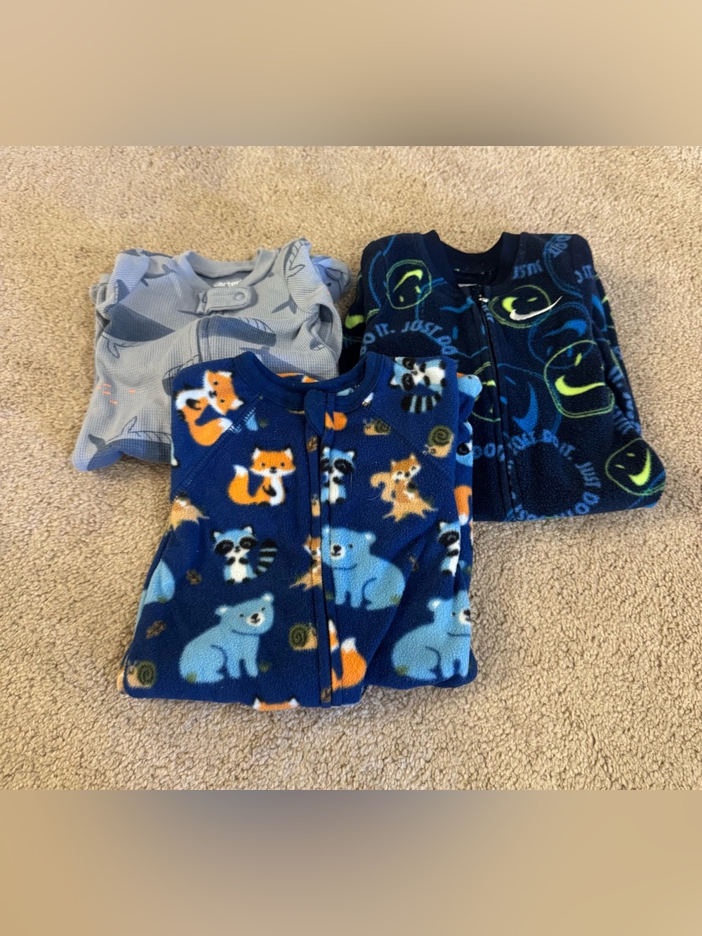 Kids Navy Animal-Print Fleece Footies Lot of 3 - Blue Size Newborn-3Months
